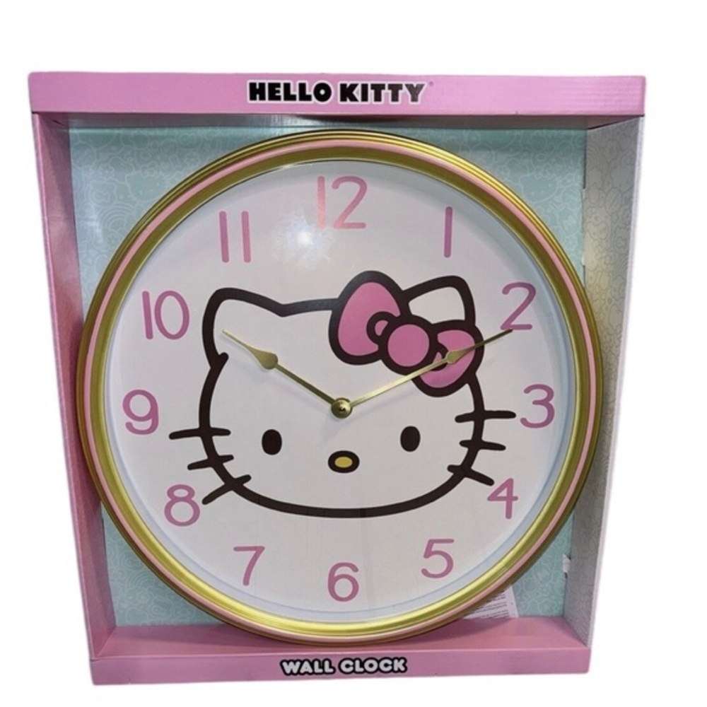 Hello Kitty oversized XL round circular pink‎ & gold trim wall clock new in box